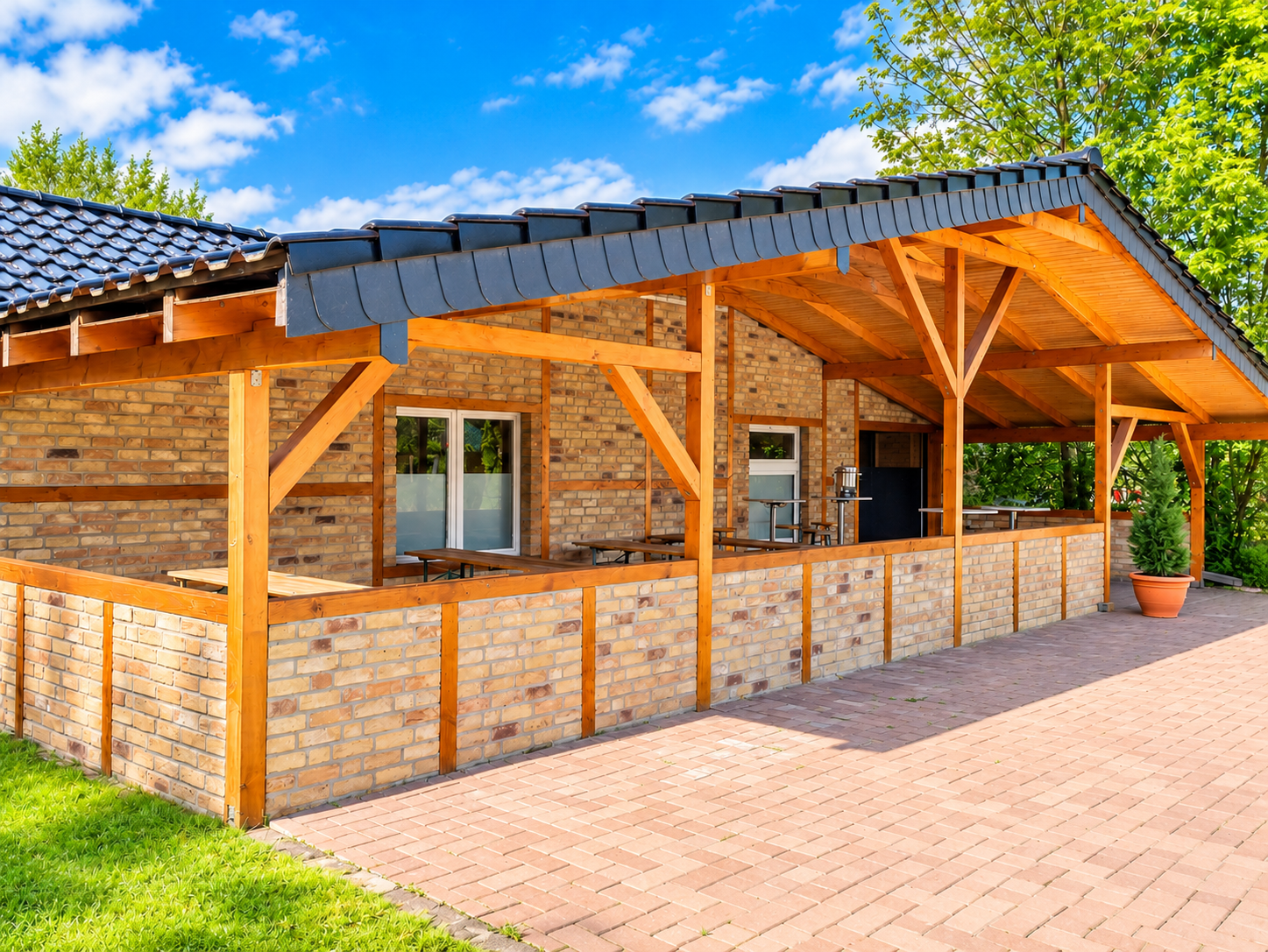Peacocks Party Ranch – überdachte Partyhalle und Terrasse